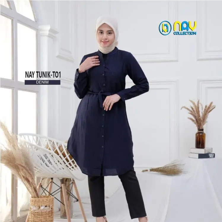NAY TUNIK-T01 Baju Atasan Wanita Muslimah Tunik Polos Polo Linen Kancing Panjang Katun Rayon Oversize Simple Basic 2