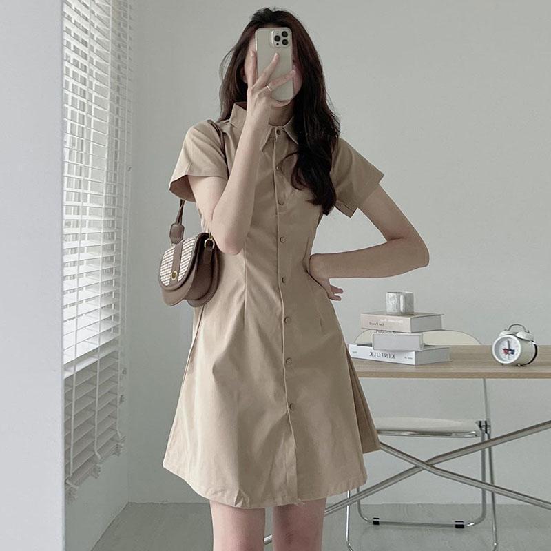 Y#0925-03  Minimalist style lapel dress, Korean version summer single breasted, waist cinching short sleeved shirt dress, solid color dress Casual Womenswear Lingerie Gowns Basic Women Lady Casual Wear Comfort Dresse Button 2