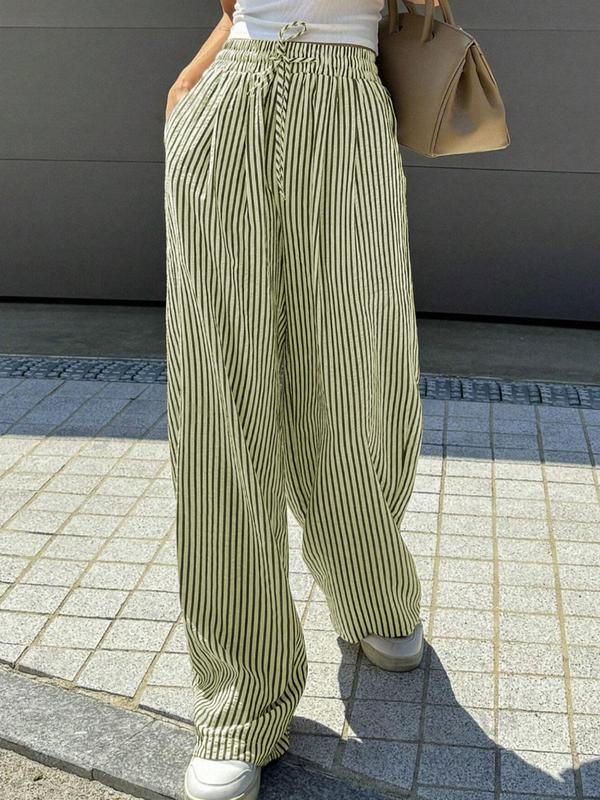 Women's Striped Print Drawstring Waist Wide Leg Pants, Casual Pocket Trousers for Daily Wear, Ladies Bottoms for All Seasons 7