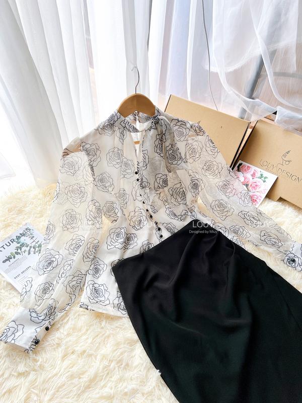 Áo sơ mi tơ hoa đen 2 lớp cổ nơ lệch tiểu thư sang trọng