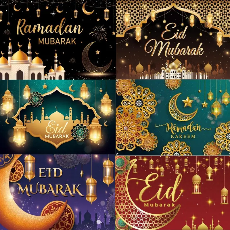 150*100cm Polyester EID Mubarak Banner Islamic Muslim Party Blue Moon Castle Pattern Backdrop Curtain Hari Raya Decorations 2025 Ramadan Decoration For Home Party Supplies