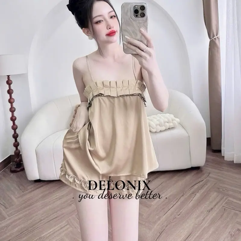 B17 Bộ đồ ngủ lụa pijama xếp ly 2 dây cute sang chảnh tôn dáng cao cấp chuẩn hàng bộ ngủ DELONIX 7
