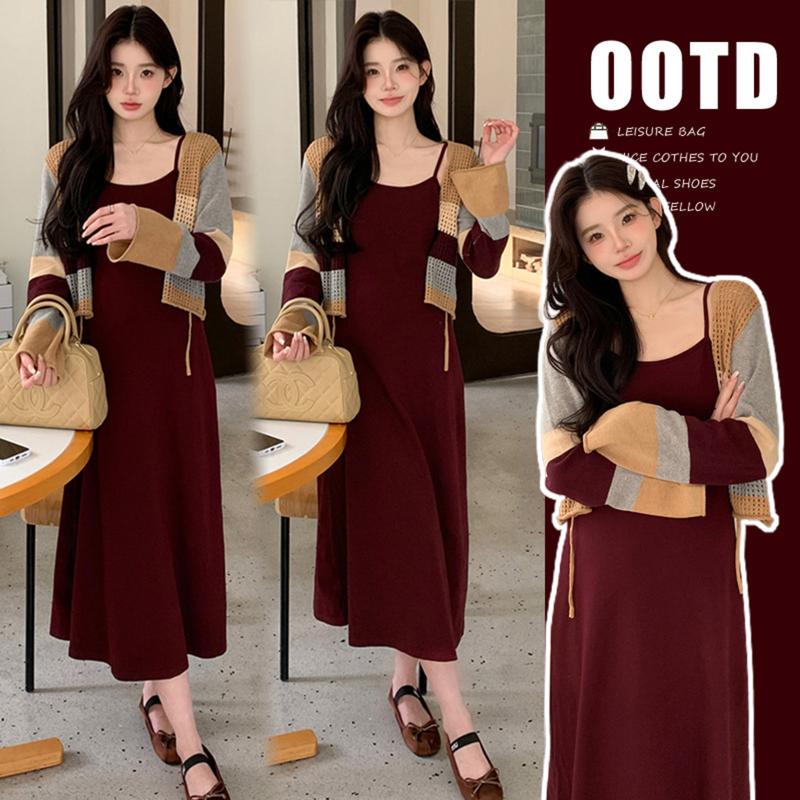 Young Mom | Set bộ bầu xinh SET255 gồm váy và áo khoác màu sắc sang trọng lịch thiệp dành cho bầu, thiết kế trẻ trung Thai sản Thai kỳ Thoải mái Thoáng khí Đầm Bầu Voi Len Sandal Kem Dài Tay