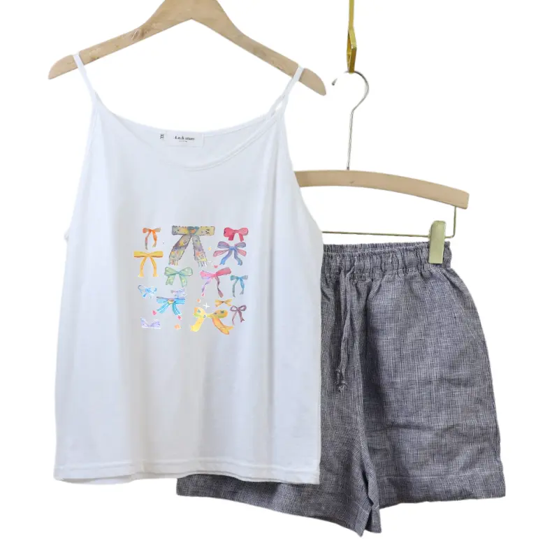 Set Đồ Nữ 2 Dây, Quần Short Kẻ Ô Linen Anhstore, Phom Rộng, In Hình Dễ Thương - Áo Nữ - Women Nhung Top Thun 3
