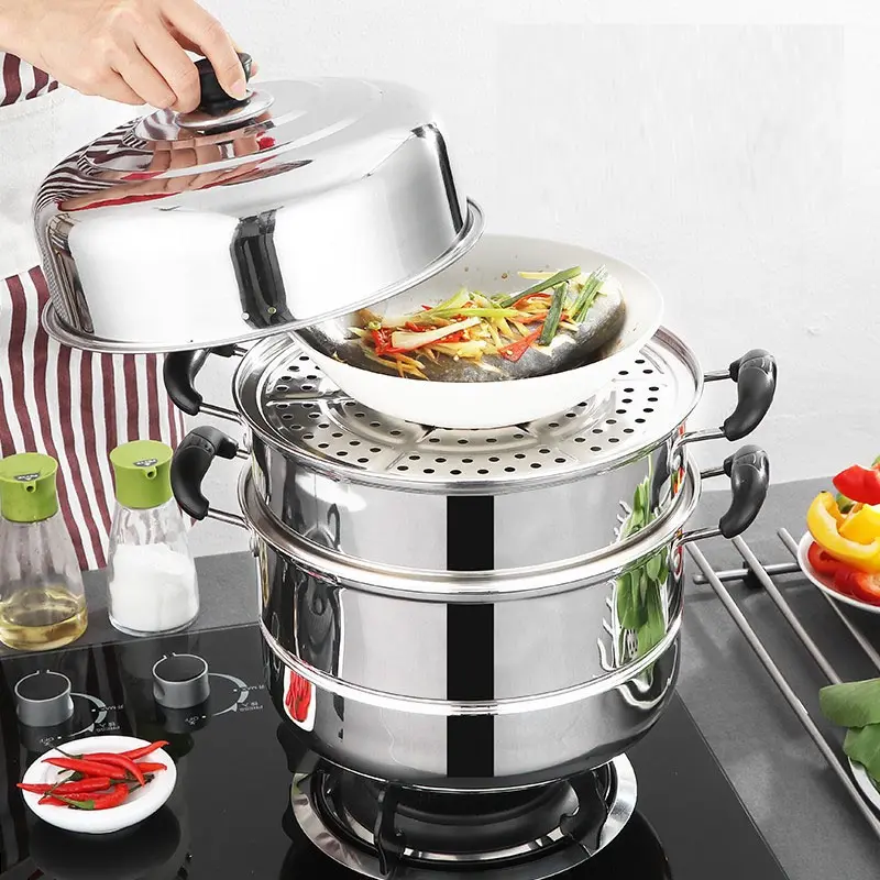 Nồi hấp inox 3 tầng 28cm tặng kèm xửng hấp, Nồi dùng được cho cả bếp gas, bếp từ, bếp hồng ngoại
