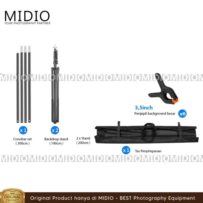 Background Stand Portable Midio 3M + Tas & 6 Penjepit 3.5 inch untuk Studio Foto & Backdrop 1