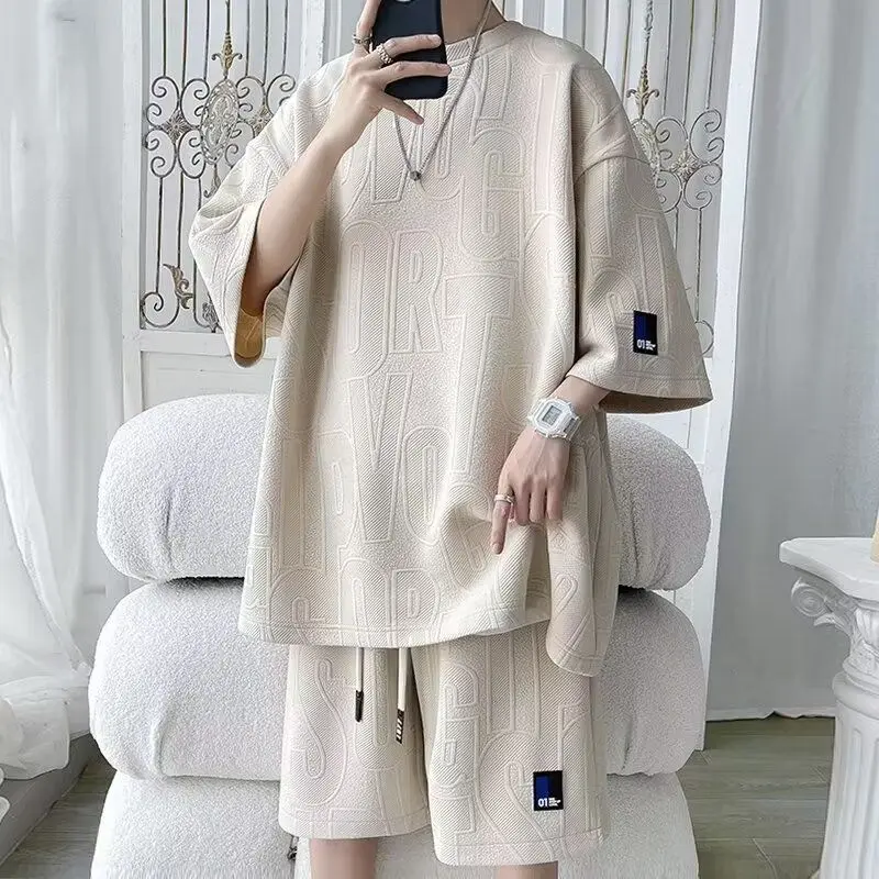 Jacquard High-Grade Casual Sports Suit Men's Summer Short-Sleeved T-shirt Shorts plus Size Fashion Brand Men's Clothing a Set