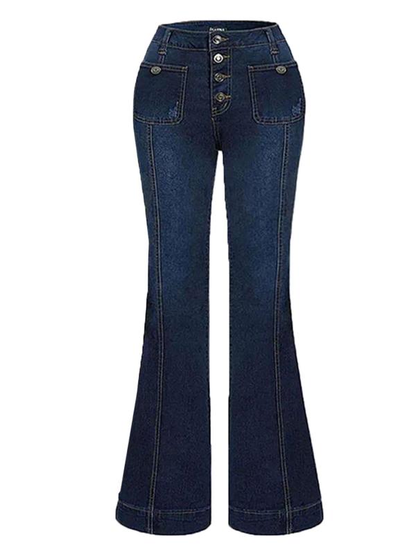 Women's Plain Button Pocket Flare Leg Jeans, Casual Bell Bottom Trousers for Daily Wear, Jeans for Women, Summer Outfits 2024, Ladies Bottoms for All Seasons, Trousers for Women, Going Out Bottoms Womenswear Pants Denim Streetwear 3