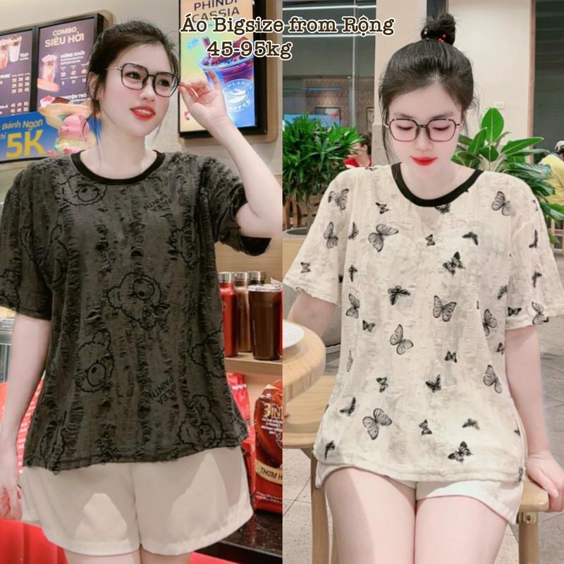 Thời Trang Bigsize - Áo Thun Nữ Cổ Tròn Form Rộng Vải Thun Chất Đũi Xước Rách Hot Hit Nữ Cao Cấp Xinh Đẹp Sang Trọng Dễ Thương Giá Rẻ 40-95kg Én Nhỏ Có Bigsize Nhung Đen Voi Kem Tím Women Tim Top Nho - 2262