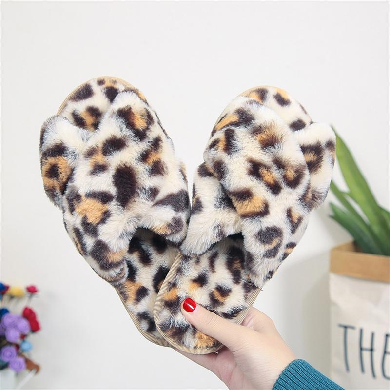 New Women Slippers Winter Warm Shoes Flat Sweet Woman Indoor Faux Fur Warm Soft Slip on Home Leopard Print Pink Furry Ladies Slipper 7