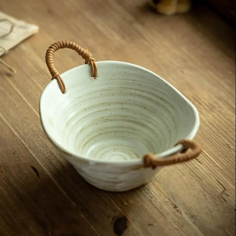 Vintage Bucket Design Ceramic Bowl with Handle, 1 Count Creative Salad Fruit Soup Bowl, Household Tableware for Home Kitchen Dining Room Picnic