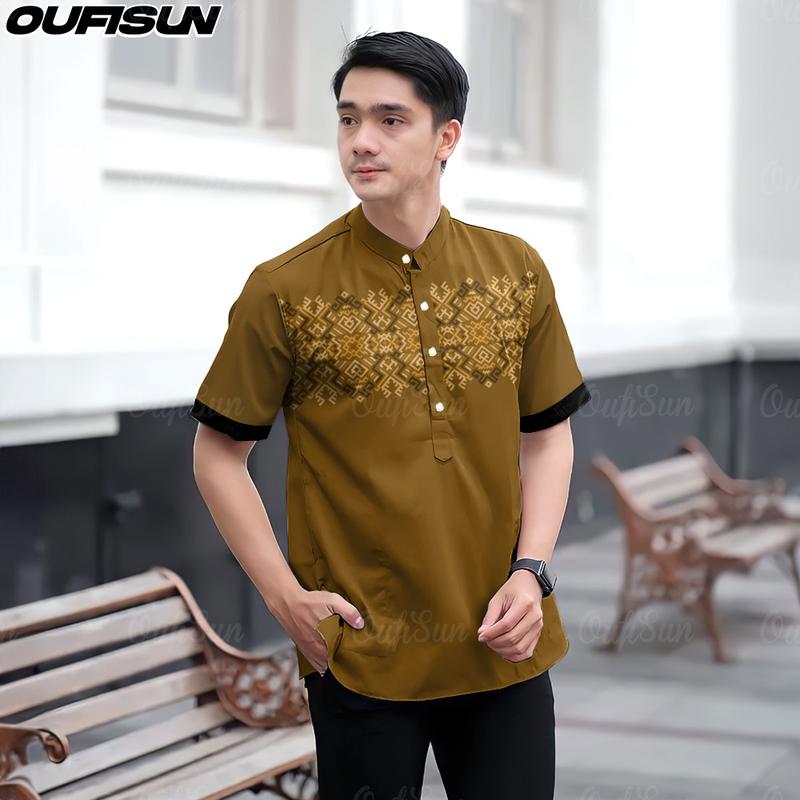 Product Introduction of Baju Raya 2025 Malaysia Ramadan Modern 3D Sublimation Print Stand Collar Short Sleeve Men's Shirt Casual Batik Koko Kurta Formal Shirt, MEN'S KOKO SHIRT 7