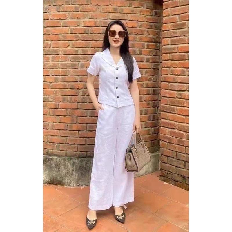 set bộ Đũi Sơ Mi CỔ VEST Áo Ngắn Quần dài chất Đũi tơ mềm.size 40-75kg Nữ Women Top Pants Jacket