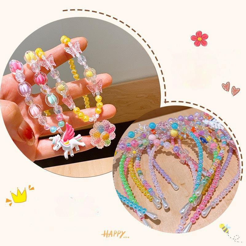 Children's Necklace Jewelry Set Colorful Beaded Bracelet Cartoon Hair Hoops Earrings Princess Girl Accessories 2