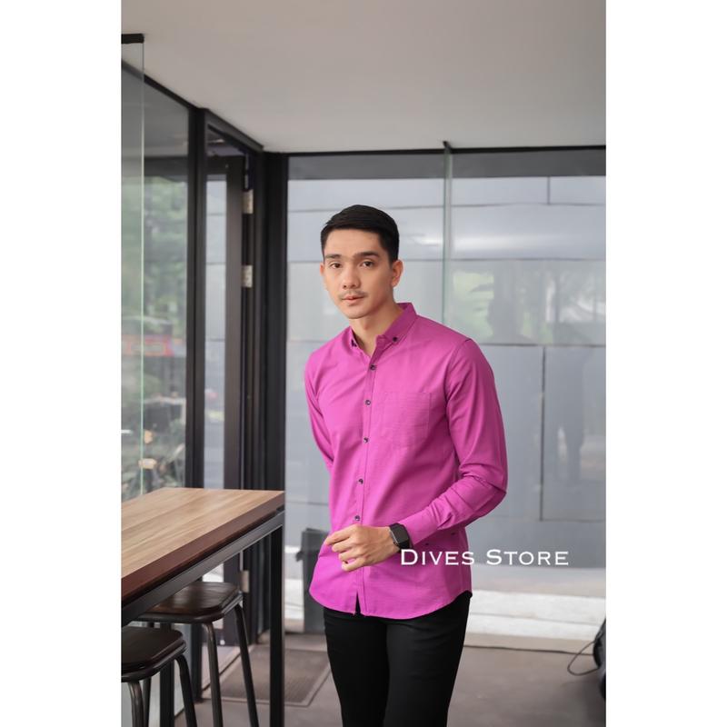 Kemeja pria polos slimfit kasual basic HeM lengan panjang hitam putih army navy maroon mustard coklat bata ungu pink Nyaman Casual 4