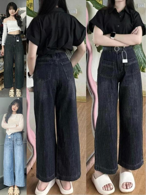  Quần bò Jean Ống Rộng nữ 2 túi trước cạp cao phong cách vải mềm mại Women Lưng Cao 