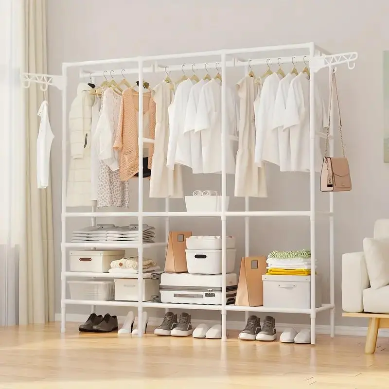 3-row Large Capacity Coat & Shoe Rack, Household Bedroom Floor Clothes Storage Rack, Freestanding Multifunctional Clothes Wardrobe Shelves for Bedroom, Summer Gifts 8