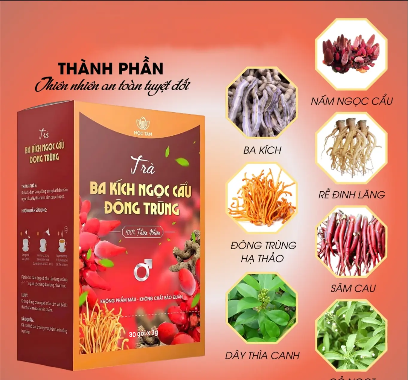Trà Ba Kích Ngọc Cẩu Đông Trùng 7 Vị, Hộp Nhỏ 30 Gói Dùng Được 15 Ngày Nước Trà Tea