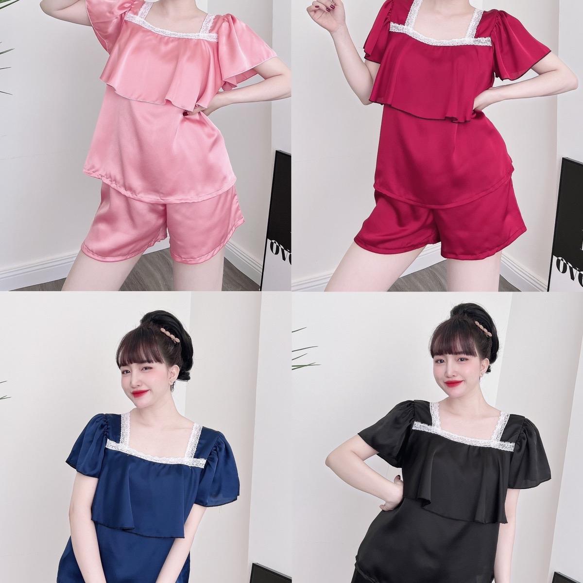 Đồ Bộ Pijama Bigsize Đùi Vải Lụa Satin Phối Ren Cổ vuông  50-90kg Nữ Áo Ngủ Quần Ngủ - A.5013
