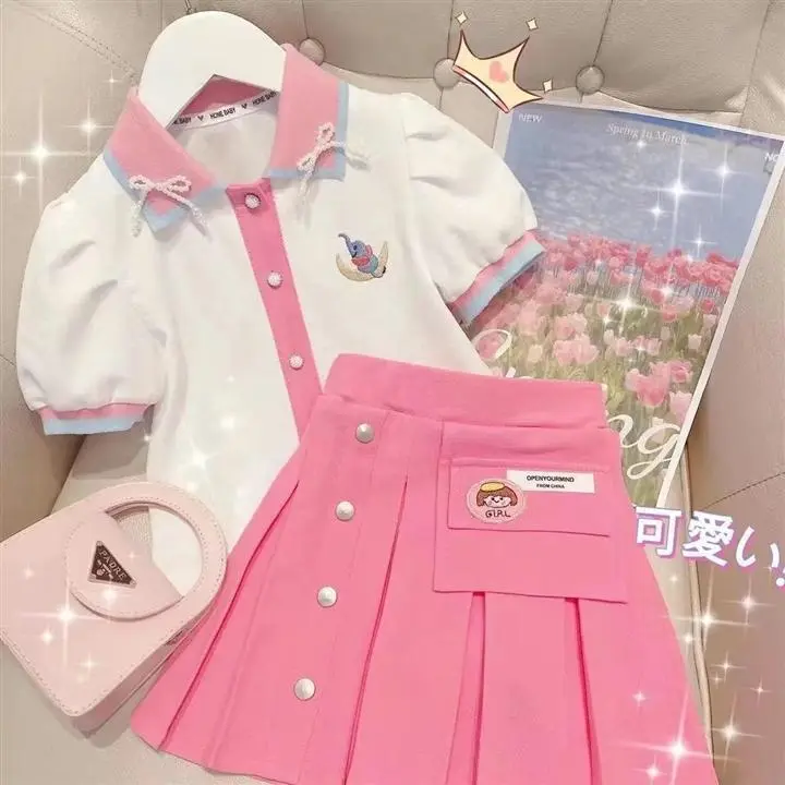 Setelan Anak Perempuan Import Model Rok Kancing Lipat Lengan Karet Balon Kerah Pita Lucu Fashionable 1