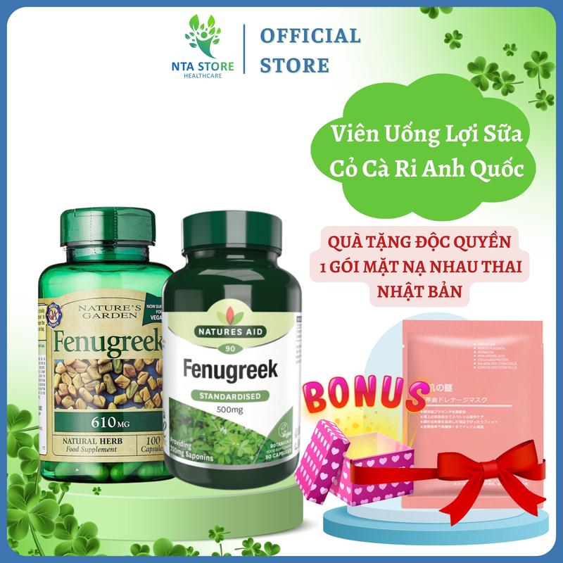 [Tặng 1 Quà] Viên Uống Lợi Sữa Cỏ Cà Ri Natures Aid Fenugreek 500mg Anh 90 viên Và Nature's Garden 610mg 100v cho bà bầu