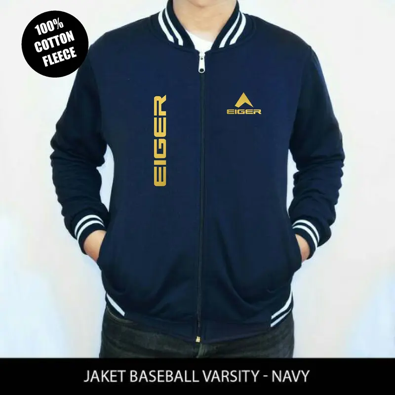 Jaket varsity bahan tebal dan lembut eiger text kiri kana goldd 6