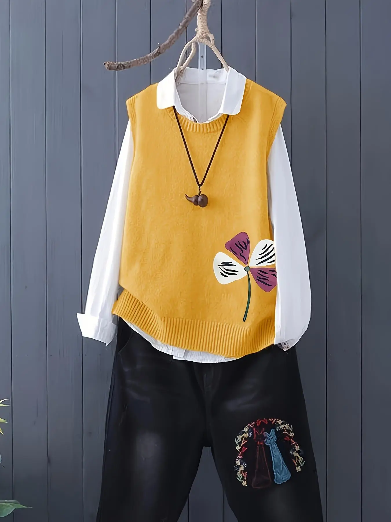 【Plus Size】 Floral Print Sweater Vest, Casual Sleeveless Round Neck Jumper Vest for Fall & Winter, Women's Knitwear for Daily Wear