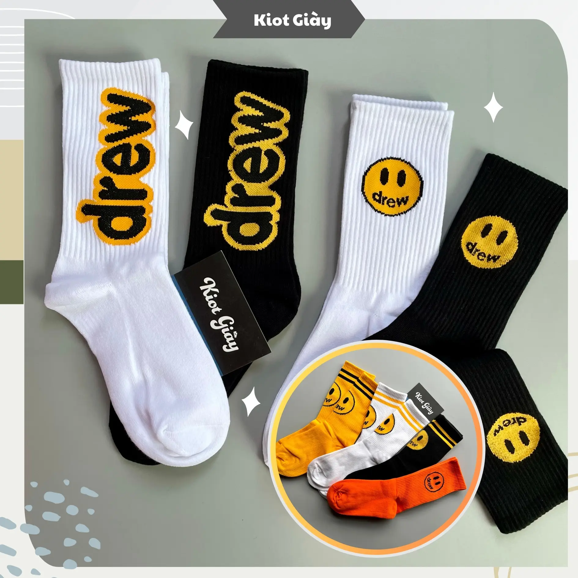 Tất Drew mặt cười cổ cao - Tất vớ cao cổ Drew House nam nữ - Hàng cao cấp Menswear, chất liệu cotton siêu đẹp, mềm mịn