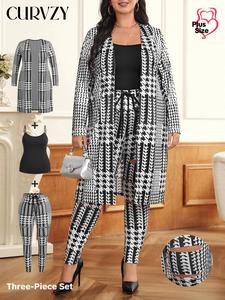 CURVZY Plus Size Three-Piece Set Houndstooth Print Open Front Long Sleeve Outwear & Ripped Drawstring Waist Pants & Cami Top, Casual Fashion Cozy Outfits for Daily Outdoor Wear, Women Clothing for All Seasons