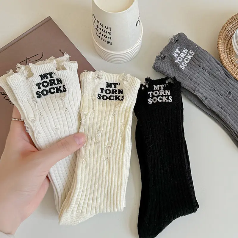 Tất Thêu, Phong Cách Đường Phố Hợp Xu hướng Phong Cách Hàn Quốc, Chất Liệu Cotton Nguyên Chất, Ống Giữa, Dành Cho Nữ, Có Lỗ Women