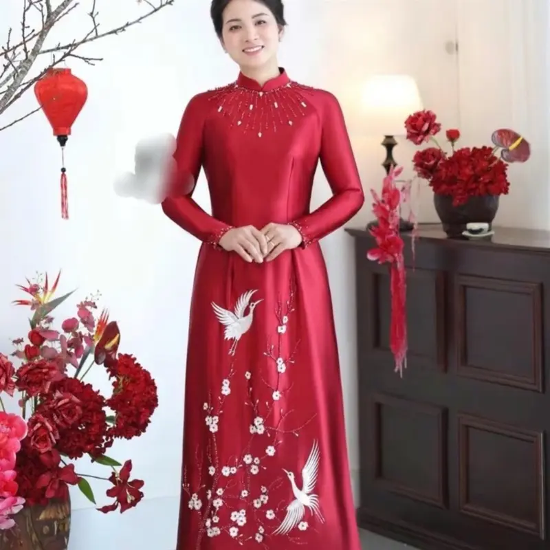 [ Lụa Ruby Đỏ Trung ] Áo dài mẹ sui lụa ruby đỏ trung thêu và đính kết sang trọng