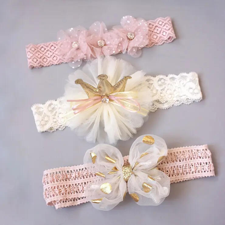 Băng đô ren cho bé gái, bộ 3 mảnh, băng đô chấm bi ngọt ngào, nơ, vương miện hoa, băng đô cài tóc, đạo cụ chụp ảnh công chúa cho trẻ sơ sinh 6