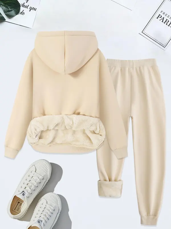 Women's Letter Print Thermal Lined Sweatshirt & Drawstring Waist Sweatpants Two-piece Set, Casual Long Sleeve Hoodie & Pocket Jogger Pants, Women's Fall & Winter Clothes 8