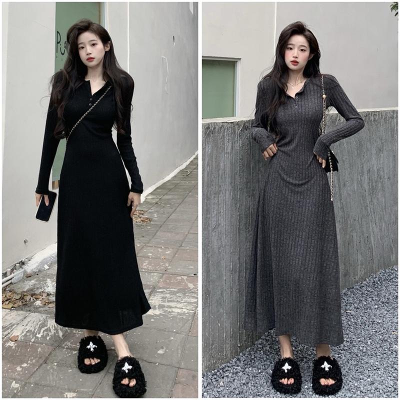 D17 Váy Len Lông Thỏ Tay Dài Cổ Bẻ Women Sen Dress Nhung Sò Đen Voi