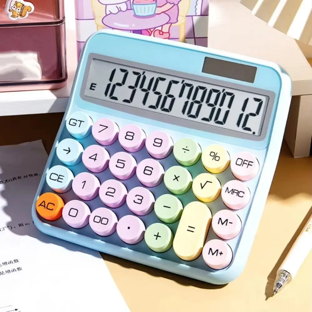 Portable Solar Powered 12 Digits Calculator Mechanical Keyboard Widscreen Candy Color Calculator School Office Home Calculator Student Tools