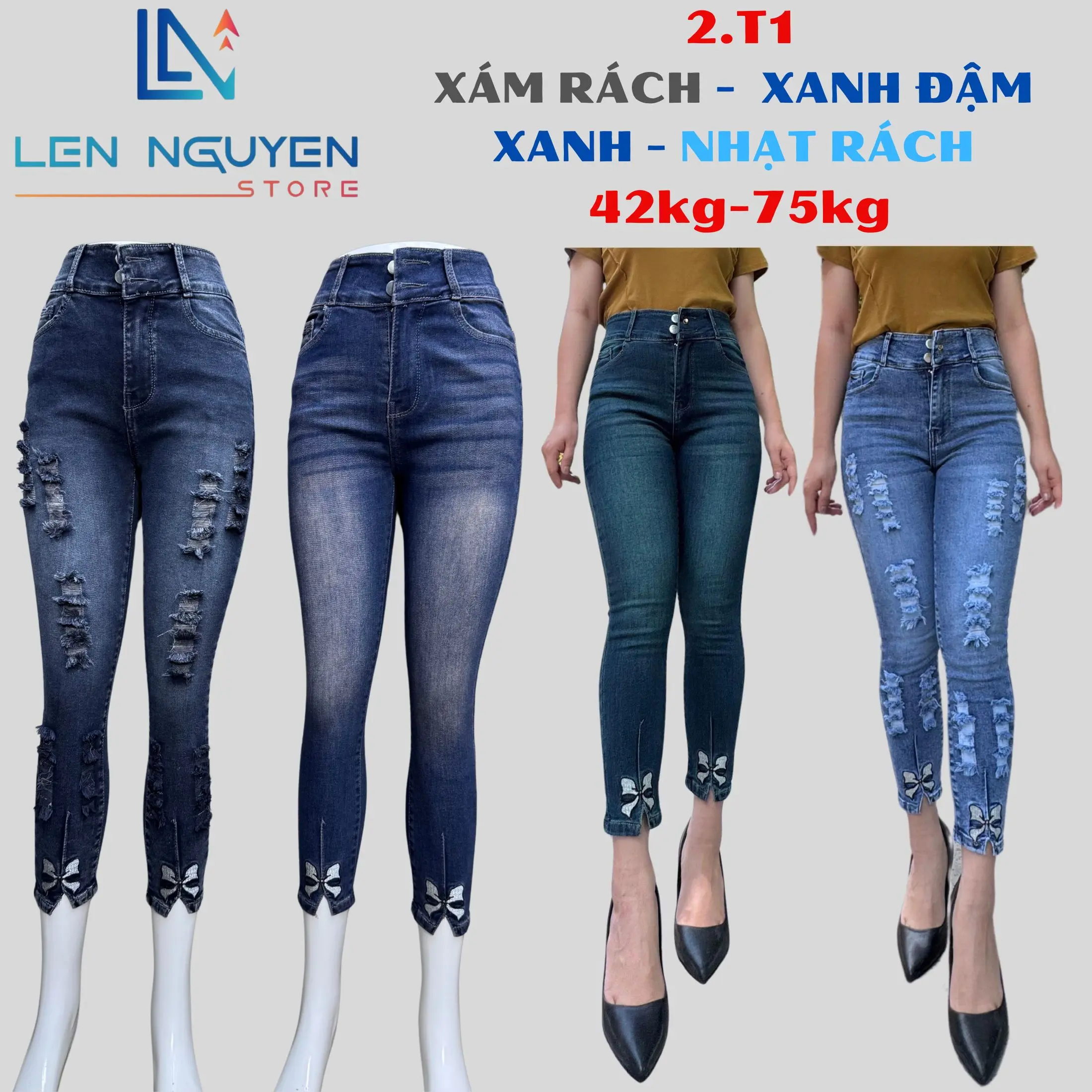 2.T1 [ Lên Nguyễn Store ] Quần Jean (Bò) Nữ 9 Tất, Lưng Cao 2 Nút, Dài 85-90cm, Size 42kg-75kg, Thiết Kế Thêu Nơ, Màu Xám, Xanh, Ống Ôm, Co Giãn, Mền Mịn, Bigsize, Hotgirl, Mang Phong Cách Năng Động, Trẻ Trung, Tự Tin, Dễ Phối Đồ, Skinny. Women
