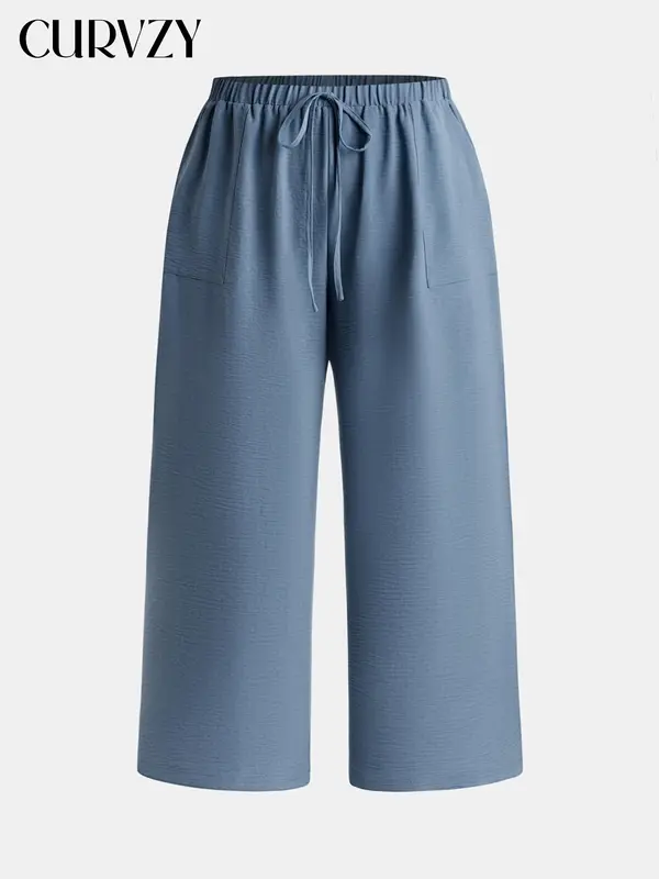CURVZY Plus Size Autumn Aesthetic Women's Tie Front Wide Leg Pants, Casual Textured Pocket Trousers for Outdoor Wear, Women's Stretchy Bottoms for Summer 4