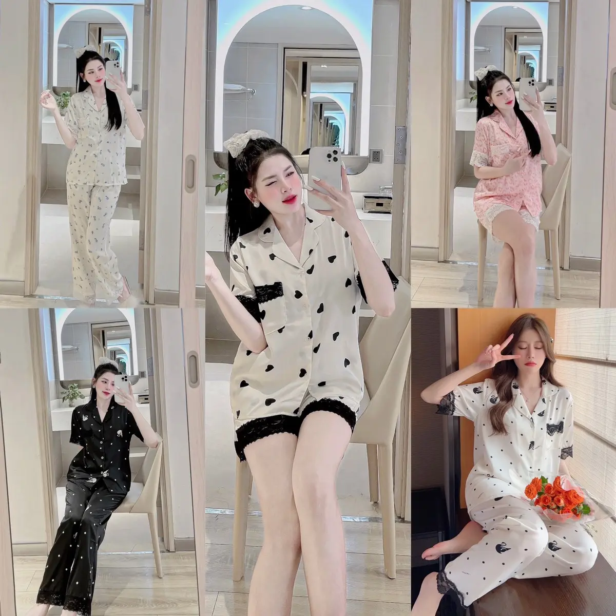 Bộ ngủ chất vải latin pha ren tay ngắn quần dài phom 40-59kg nhiều mẫu mã Nữ Áo Ngủ Pijama Quần Ngủ Women