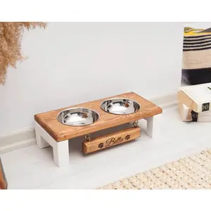 Tempat Makan Kucing Kayu 2/3 Bowl Stainless Steel Custom Nama