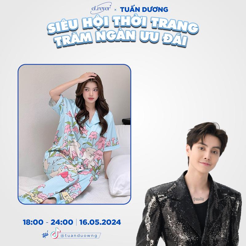 EL.RÊVER - Bộ Pyjama lụa hoạ tiết El.rever  ngắn tay - màu xanh - 0723S98