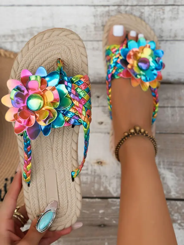 Women's Fashionable Flower Decorated Slides, Casual Boho Style Flat Sandals for Summer, Trendy Exquisite Slide Sandals for Women & Girls, Shoe 1