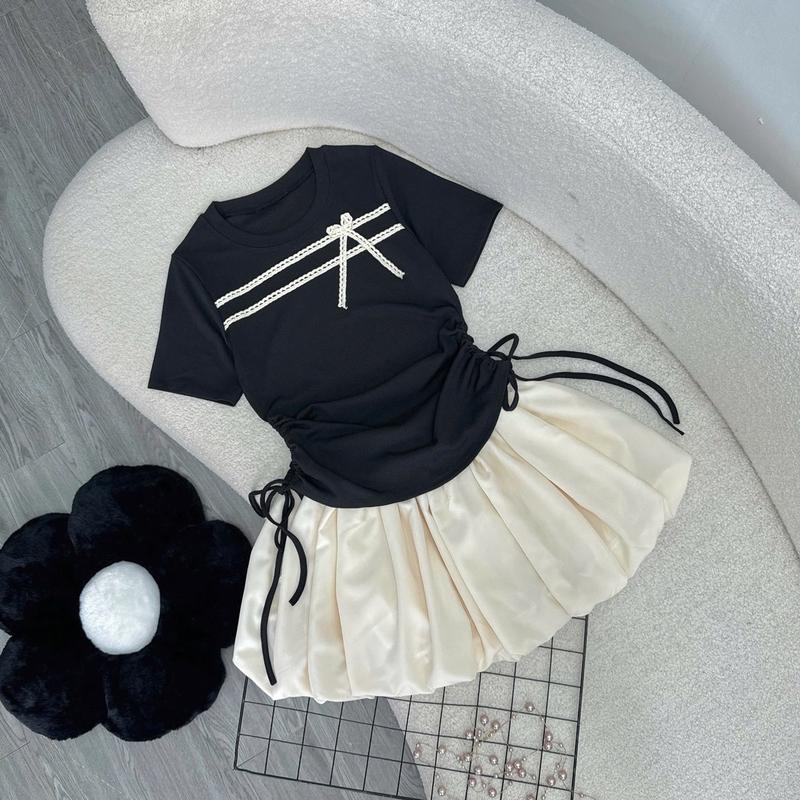 Set Áo + Váy Bigsize (CÓ LẺ ÁO) Áo Phối Ren Viền Nơ Rút Dây Eo Mix Chân Váy Bí Có Quần Bảo Hộ Phong Cách Dễ Thương (50-95kg)- SET841