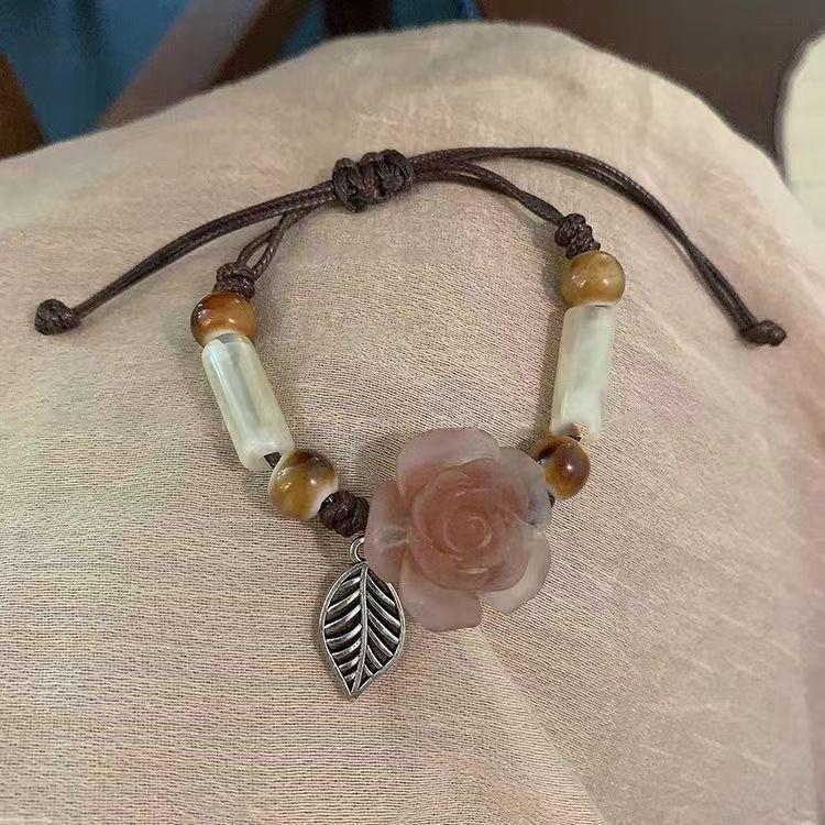 Chinese Ceramic Rose Necklace - Adjustable Long Chain Neo-Traditional Braided Collarbone Necklaces for Romantic Style 2
