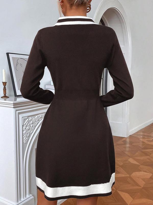 Women's Colorblock Striped Print Button Front Sweater Dress, Casual Long Sleeve Collared A Line Dress for Fall & Winter, Women's Knitwear for Daily Wear 8