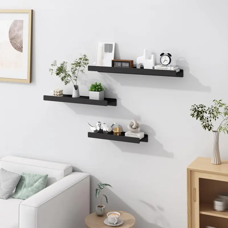 Floating Shelves for Wall, Wall Mounted Shelves with Lip for Storage, Metal Display Shelves for Home Decor, Kitchen/Living Room/Bedroom/Bathroom Shelf, Black 16 inch 2 Pack 1