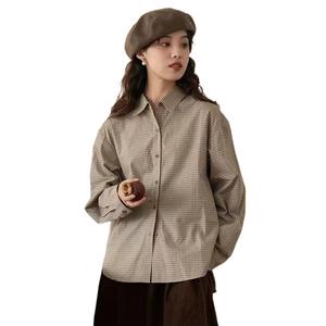 Bộ áo sơ mi kẻ caro cổ điển nữ, tay dài, thiết kế mới cho mùa xuân và thu, phong cách giản dị, phong cách độc đáo, áo sơ mi kiểu Pháp thời trang.