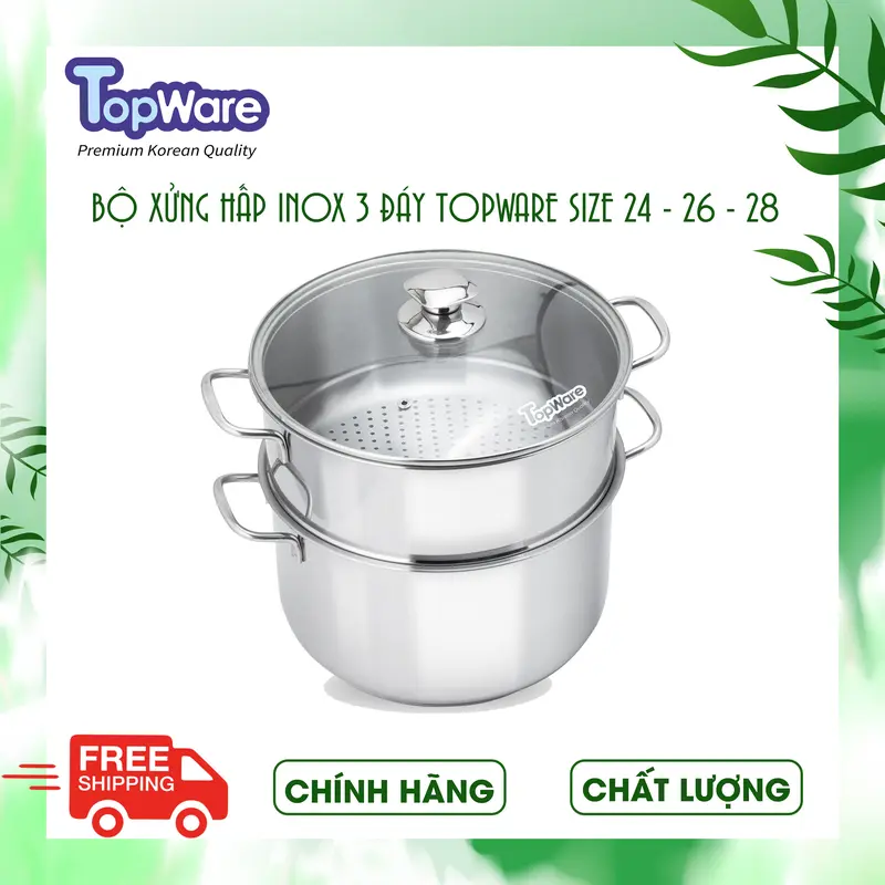 Bộ Xửng Hấp Đáy Từ Inox 3 Đáy Cao Cấp TOPWARE - Size 24/26/28 Dày hơn loại phổ thông 30% nồi hấp 2 tầng 0