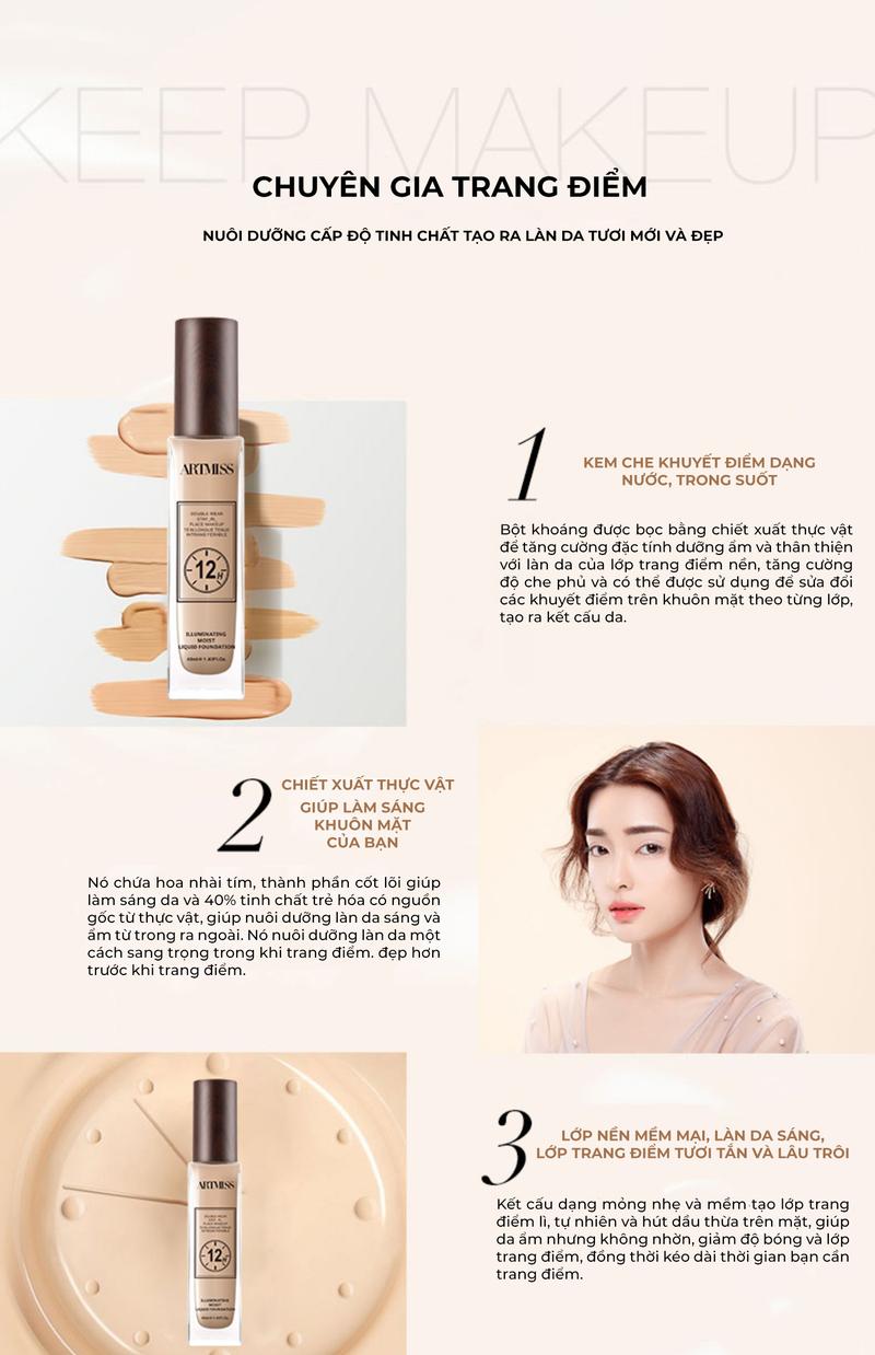 Product Introduction of Kem nền ARTMISS mỏng nhẹ, lâu trôi, giữ nền kéo dài 12 giờ 40ml Cosmetic Mỹ Phẩm 13