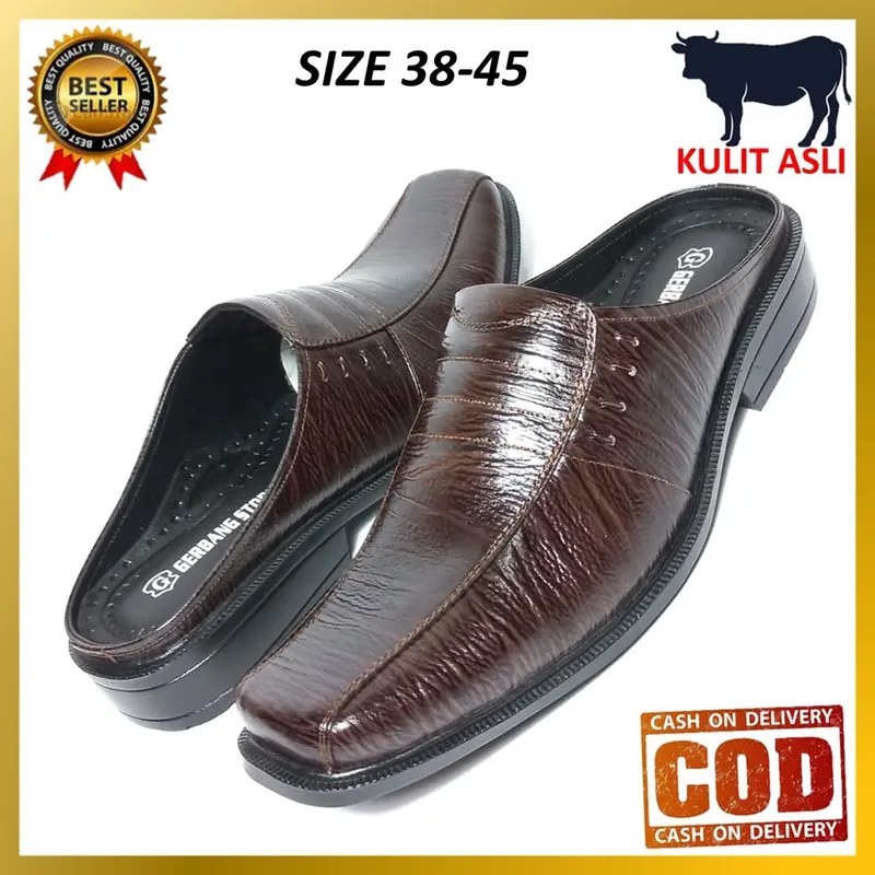 Sepatu Sandal Slop Kulit Asli Sapi Kantor Dinas Resmi Pesta Pantofel Formal Big Size 38-45 Pria Shoes 1