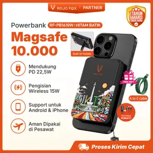 ROJO FOX Powerbank 10000mAh/5000mAh Fast Charging iPhone Magsafe Mini Magnetic | Type-C + MagSafe 15W & PD 22.5W | Hanging Strap | Fast Charge iPhone & Android | Hitam magnet